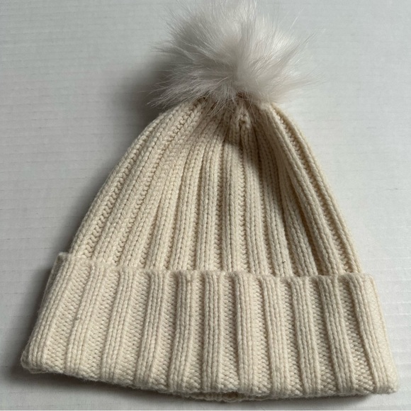 Athleta Knit Ribbed Winter Hat with Faux Fur Pom, Ivory Cream - Picture 8 of 11